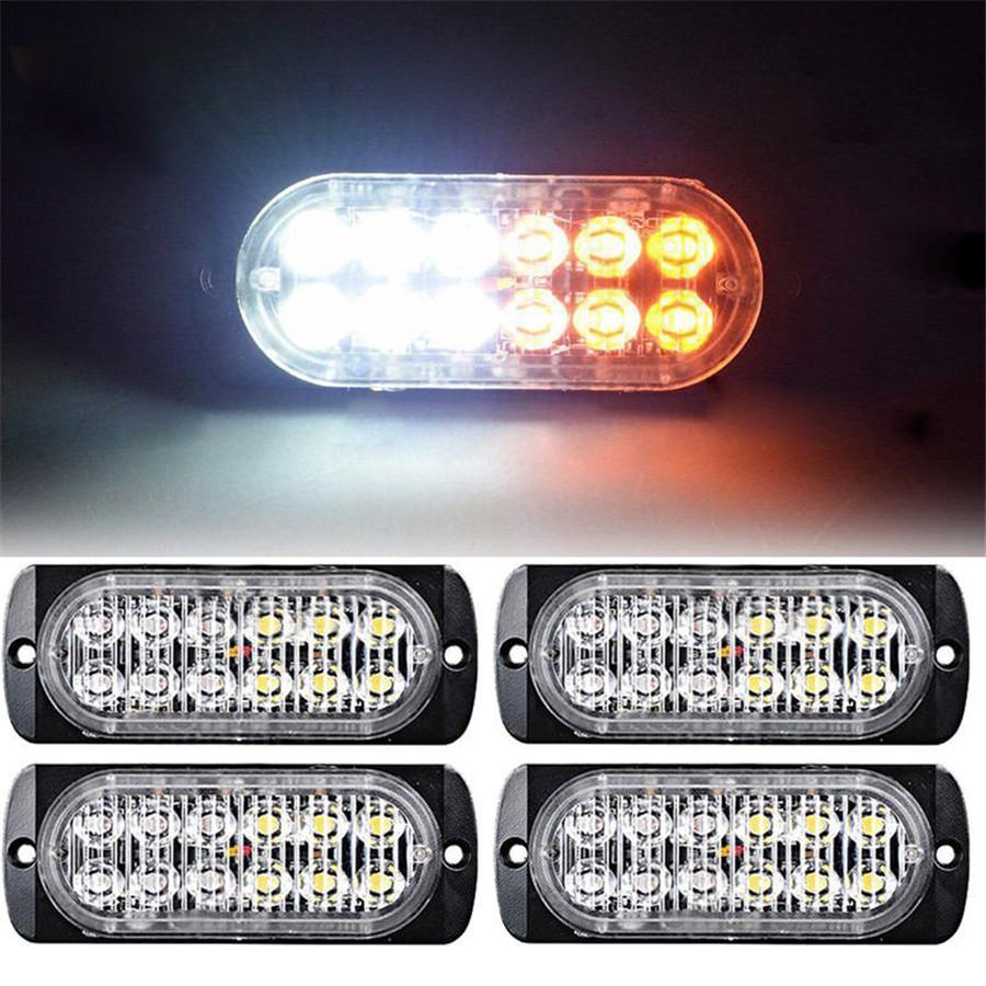 Car Emergency Lamp Bars Flash Amber+White 12 LED Flash Caution Strobe Light Bar