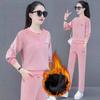 Women's Winter Plush Lined 2 Piece Sets Warm Tops Ensemble High Waist Ankle Length Straight Pant Suits Solod Color Thick Velvet Outfit