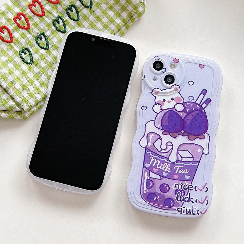 Wave Edge Silicone Case for Oppo A58 A78 A38 Samsung A54 A34 A24 A14 iPhone 15 14 Redmi Note 12 11 10 Infinix Note 30 Funda Milk Tea Bear Bunny Cover