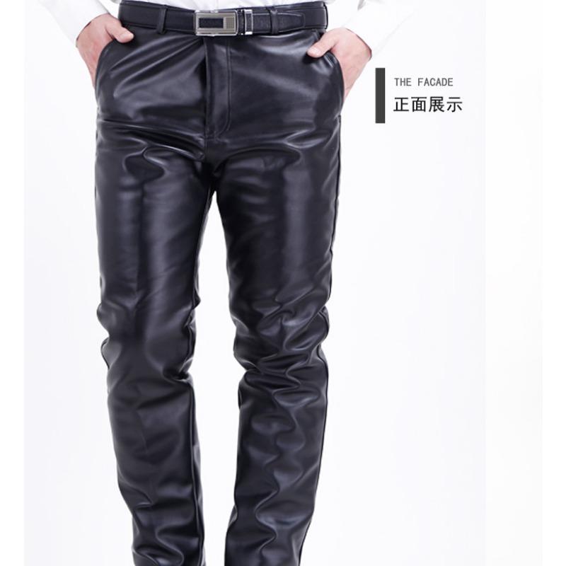Men S Fleece Lined Thickened Pu Leather Straight Leg Casual Warm Windproof Long Pants