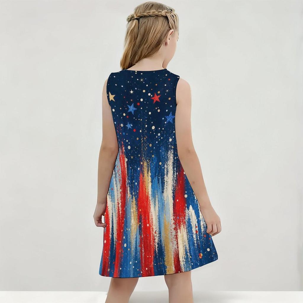 Girls Round Neck Sleeveless A Line Flared Dress Red White Blue Star Printed