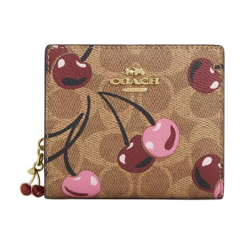 Coach Кошелек на кнопке 10 Вишневый принт Металлический логотип Signature Покрытый холст Кошелек Женский Загар Разноцветный Загар и разноцветный