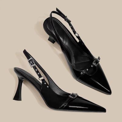 Британские лаковые туфли-лодочки с открытой пяткой, сексуальные модные туфли на шпильке с пряжкой и острым носком, женские, новинка лета и осени 2025 года