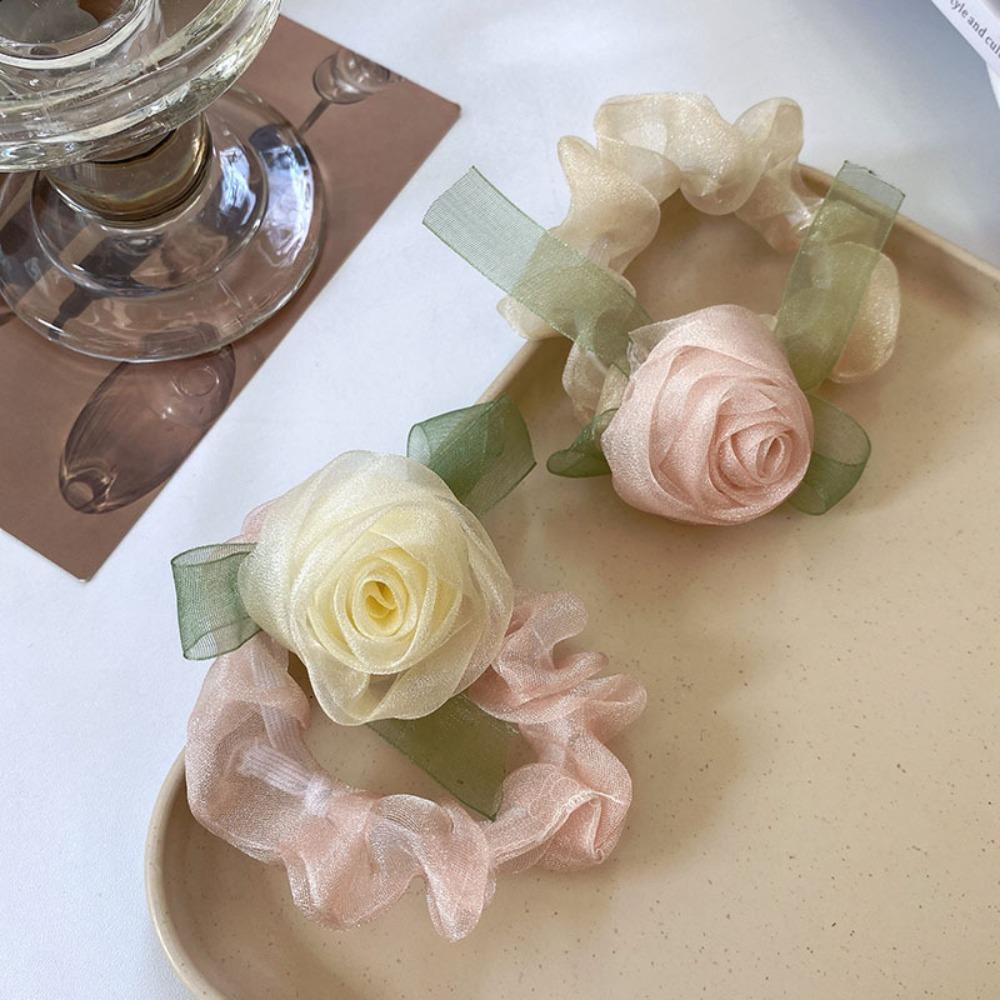 High Elasticity Mesh Yarn Hair Rope Yarn Hair Accessories Trendy Rose Flower Hair Ring