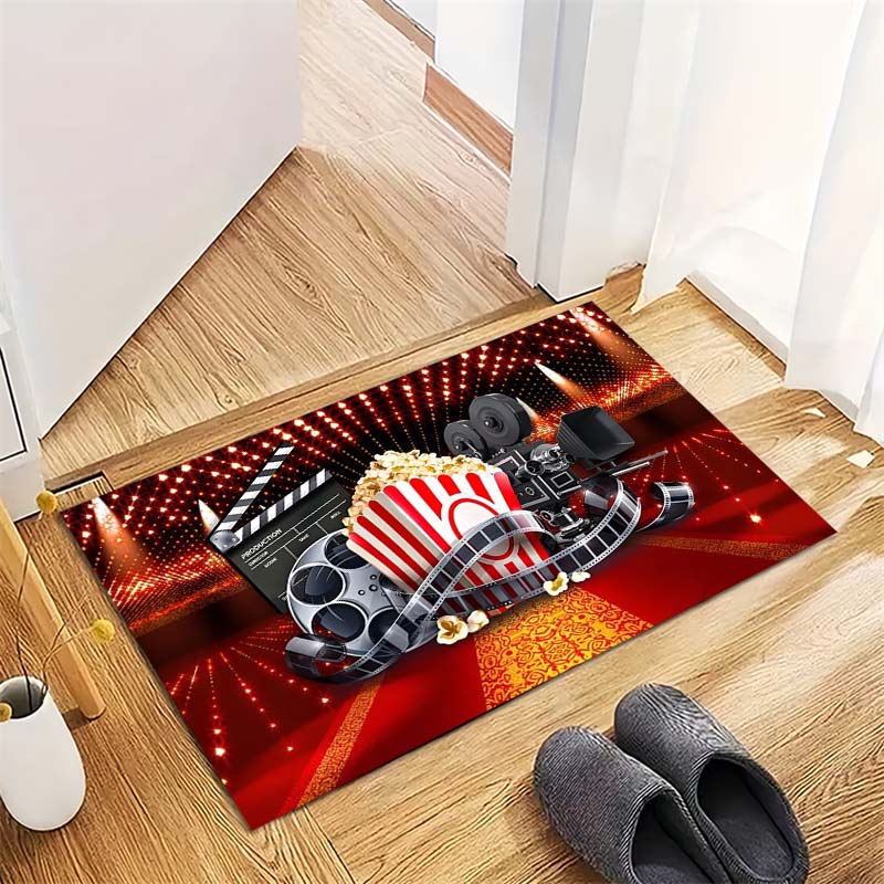 Movie Popcorn Film Projector Clapperboard Print Area Rug Cinema Theme Non‑Slip Rectangular Floor Mat Home Decor Rug for Gaming Room Living Bedroom