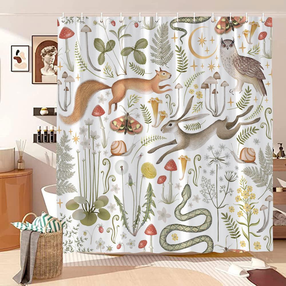 Mushroom Shower Curtain Retro Butterfly Floral Boho Moon Botanical Wildflowers Green Plant Aesthetic Bath Curtain Bathroom Decor
