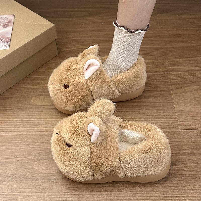 Cute three-dimensional rabbit head fluffy slippers women's winter new home wear velvet warm and comfortable cotton shoes