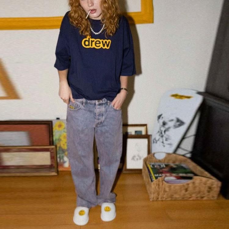 Drew House Letter Logo Series T Shirts Unisex Marine Blue Crew Neck Moderate Straight Fit DR-SS21-147