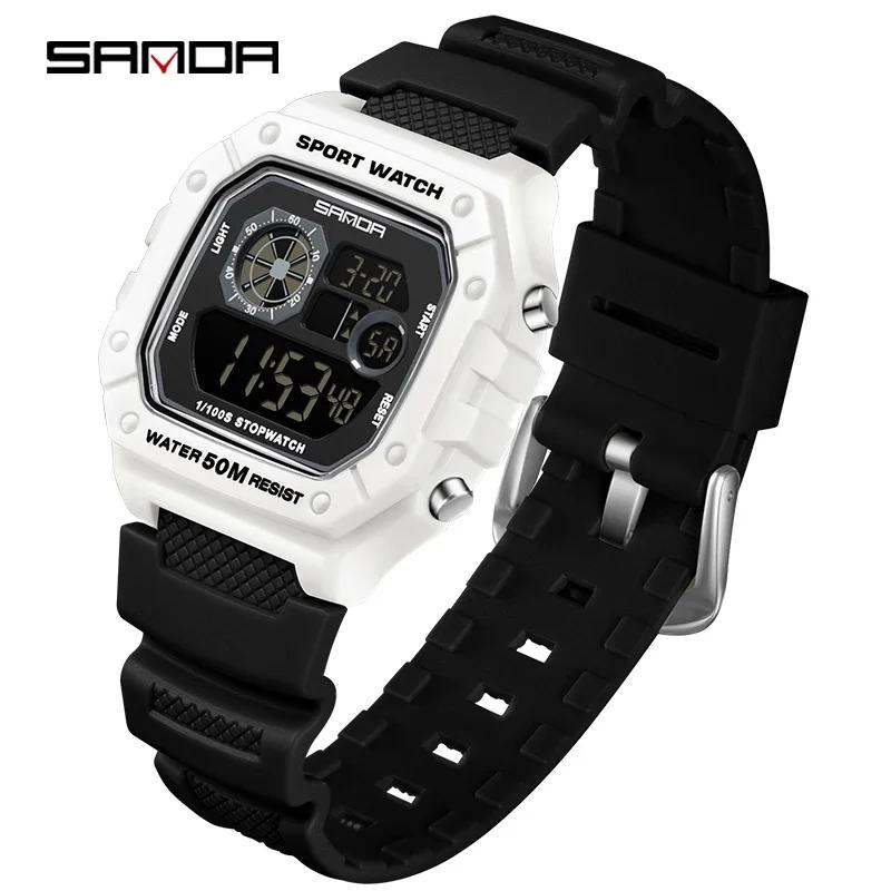 SANDA New Men Watch Model 2202 Electronic Digital Movement Rectangle Display Dial Outdoor Sports Watertight Male Wrist Watch