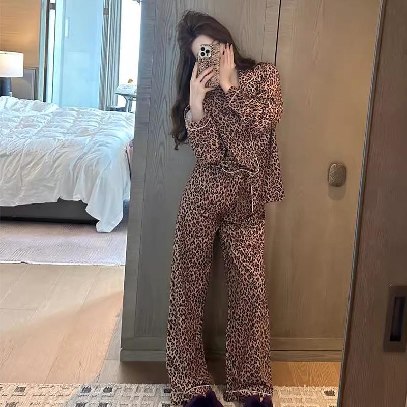 Весна/Лето Женский Пижамный Комплект С Леопардовым Принтом - Тонкий Кардиган и Сексуальный Домашний Наряд
