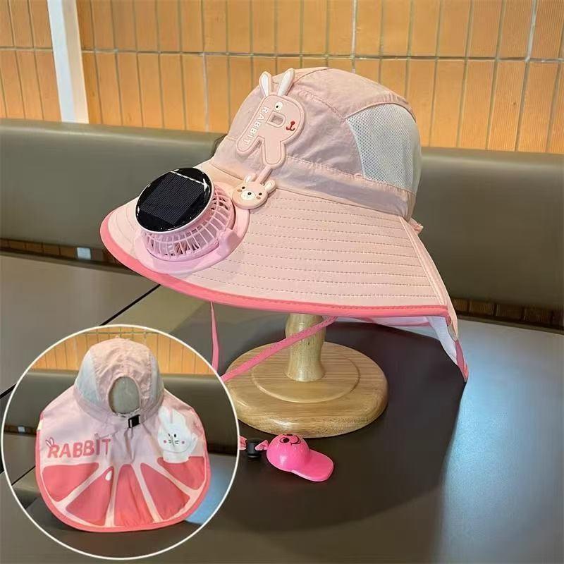 Kids Wide Brim Sun Hat Solar Rechargeable Fan Neck Flap Uv Protection For Summer Beach Activities
