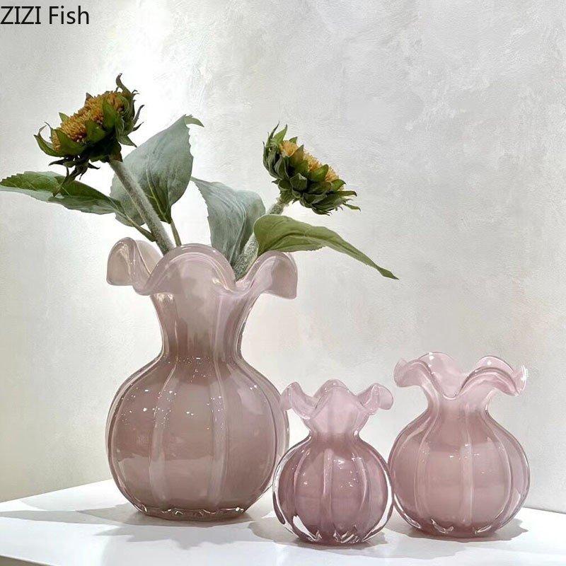 BRLight Luxury Pink Glass Vase Table Hydroponic Vase Crafts Living Room Decoration Flower Arrangement Holiday Gift Home DecorationEY