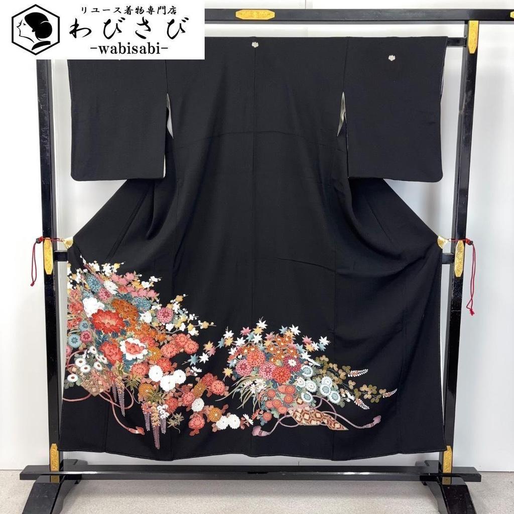 Used Black tomesode, artist's work, beautiful flower pattern, colorful Yuzen, flower cloisonn, braided cord K-6129