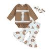 Baby Girl Fall Football Outfit Long Sleeve Round Neck Romper with Flare Pants and Headband 3 Pcs Set