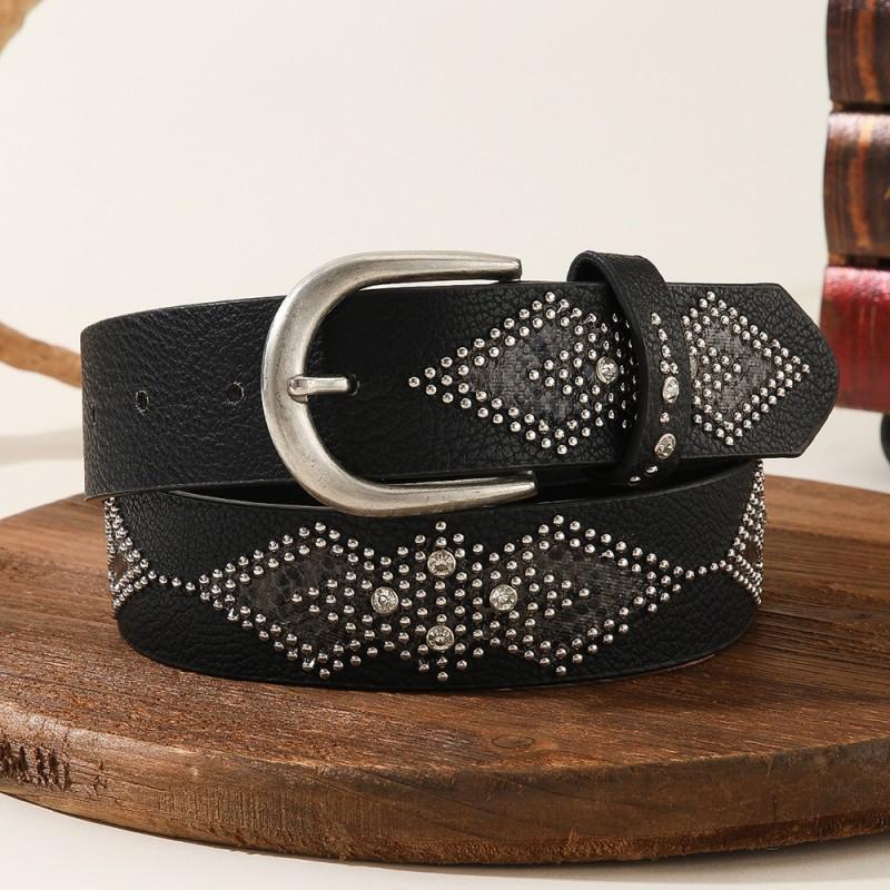 Womens Punk Belt 2026 American Vintage Snake Studded Pearl Rhinestone PU Leather Waistband
