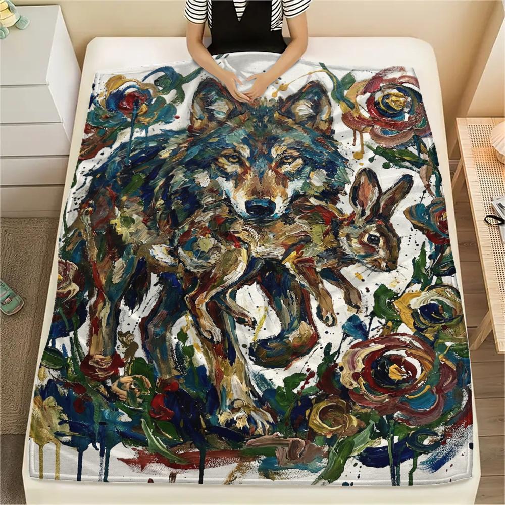 Wolf Abstract Print Flannel Blanket, High quality Comfortable for All Seasons, Home Decor, Warmth and Comfort, Perfect for Christmas Gifts144