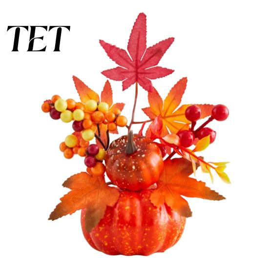 Durable Plastic Harvest Decor Fall Artificial Pumpkin Table Centerpiece, Autumn Fake Decoration with Sunflowers, Small Plant for Entryway Maple Leaves