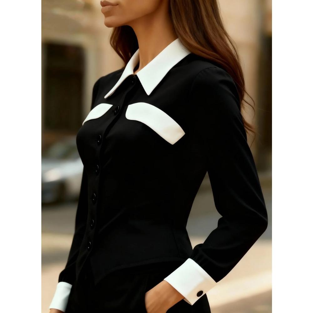 Women’s Commuter-Style Colour-Blocked, Fitted, Versatile and Slimming Long-Sleeved Shirt