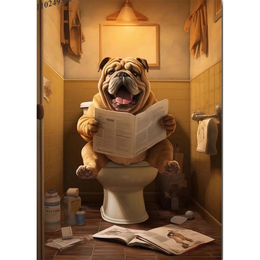 Собака сидит на унитазе и читает газету 5D DIY Алмазная живопись Вышивка крестом Полная выкладка Круглая вышивка Домашний декор Подарки