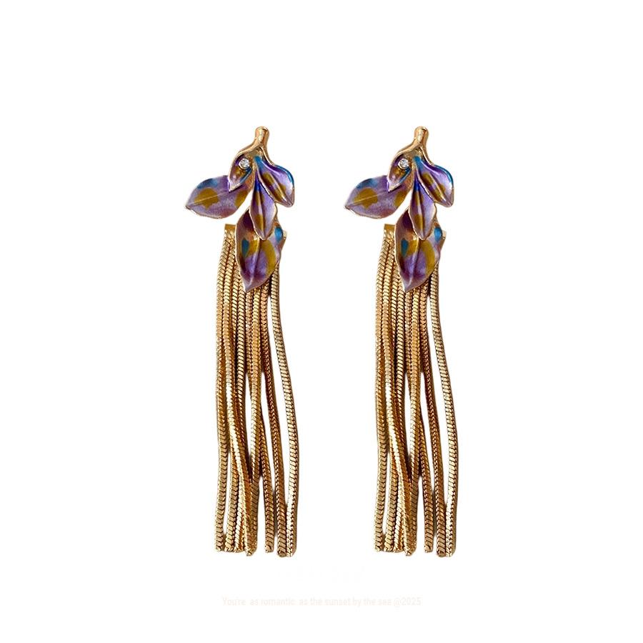 Silver Needle Diamond Colored Leaf Fringed Earrings Light Luxury Premium Earrings Fashion Personality Earrings Design Sense Niche