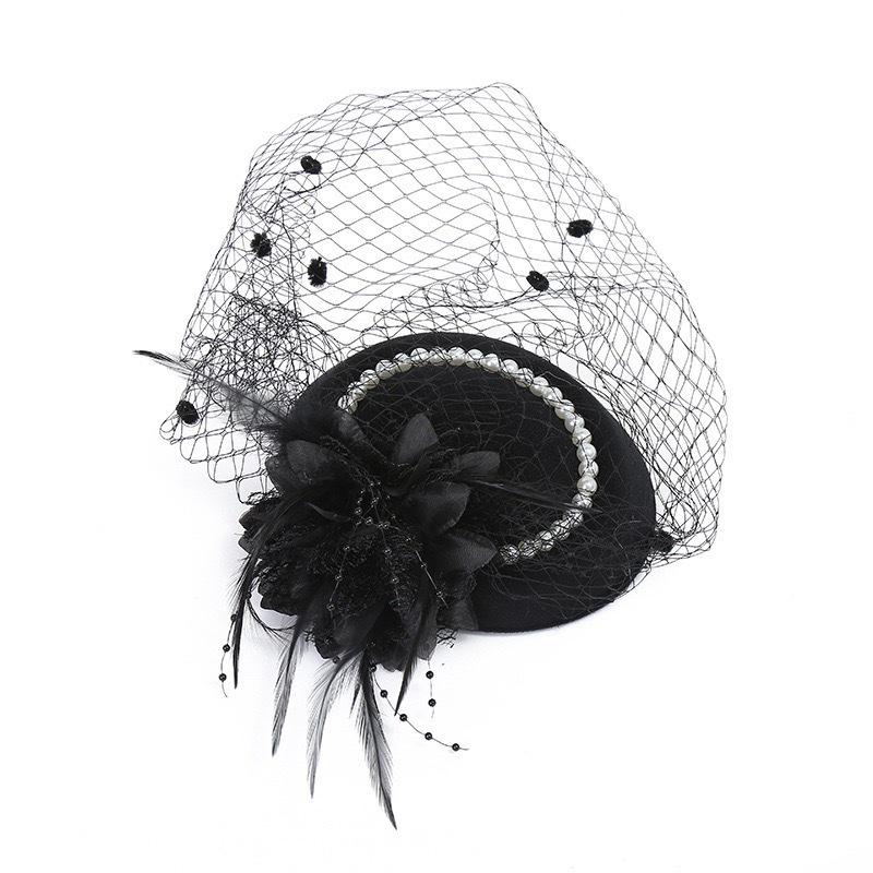Elegant Black Hepburn-Style Small Hat for Women - Autumn/Winter Shanghai Retro Cheongsam Headdress with Veil
