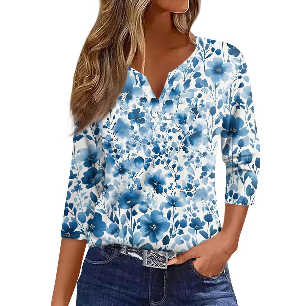 Women's T Shirt Print Button 3/4 Sleeve Daily Weekend Fashion Basic V- Neck Regular Top