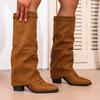 Модные слипоны на высоком каблуке, ботфорты до колена, женские осенне-зимние ботинки для верховой езды с высоким голенищем, женские ботинки с острым носком и толстым каблуком, длинные боты