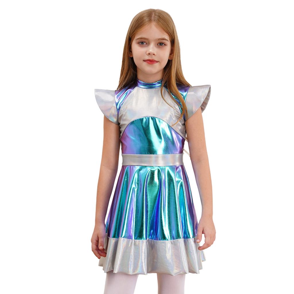 Детский глянцевый металлический космический костюм милашки на Хэллоуин, карнавальный костюм инопланетянина, платье с короткими рукавами, одежда Roly Play