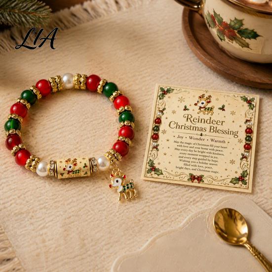 Commemorative Holiday Blessing Gift Christmas Bracelets for Women, Beaded Charm Stretch Bracelet with Elastic Pearl Wrist Jewelry Card, Stocking