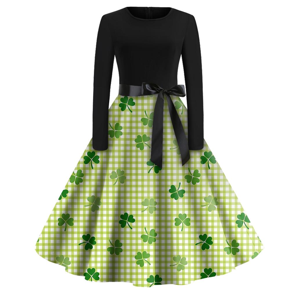 Women's Fashion Round Neck Casual Slim St Patrick's Day Printed Long Sleeve Dresses