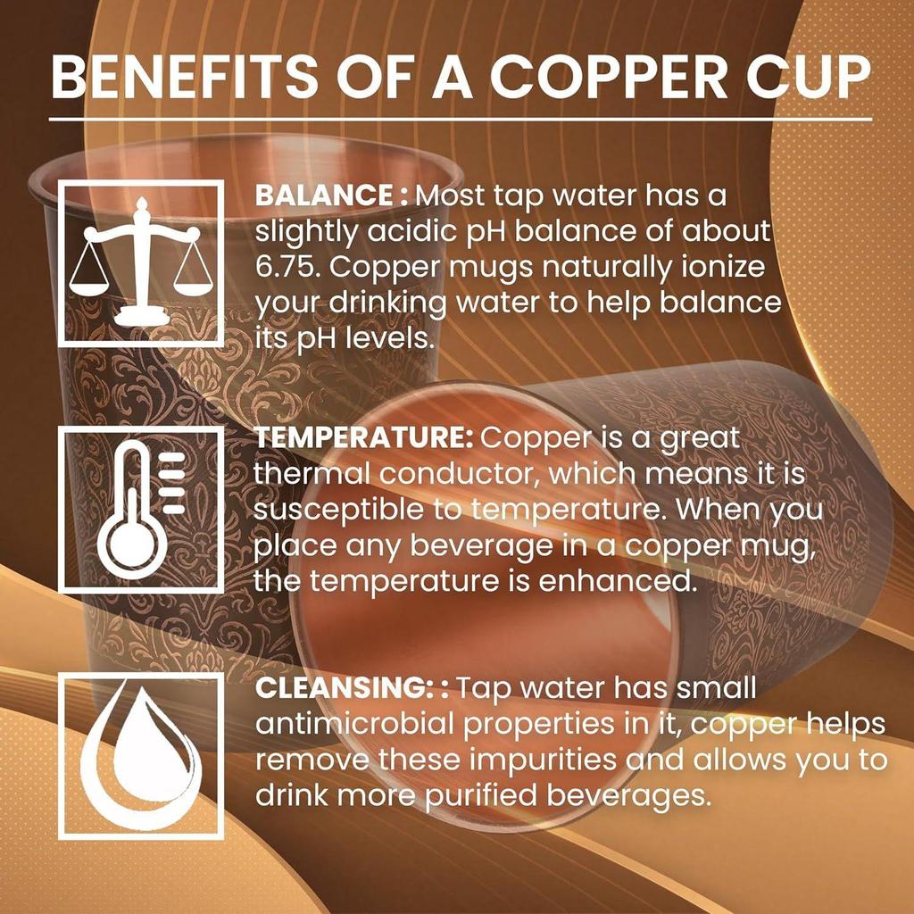 Copper Hammer Carving Water Matka Vessels Container Pot with Stainless Steel Tap 11 Litre AND Premium Copper Water Glass With Carving Design Set Of 6