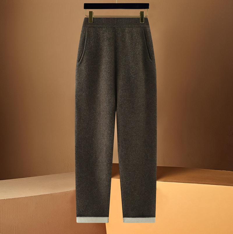 100% Wool High Waist Slimming Knit Pants: Fashionable Solid Color Elastic Skinny Pants for Women, Autumn Winter Collection