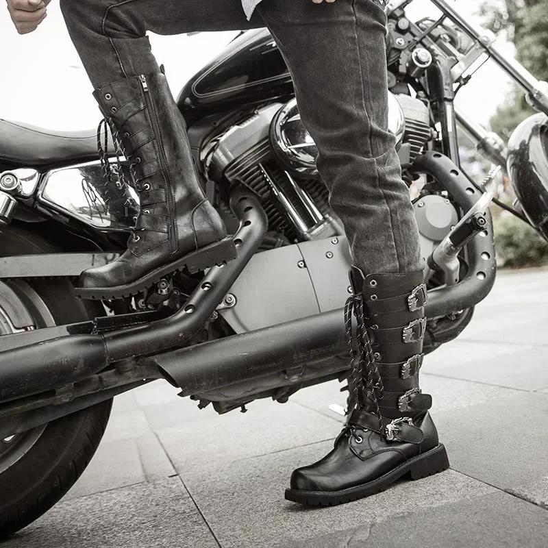Fashion Large Size Men's Leather Motorcycle Boots Mid-calf Combat Boots Gothic Belt Punk Boots Men Shoes Tactical Boot 2025