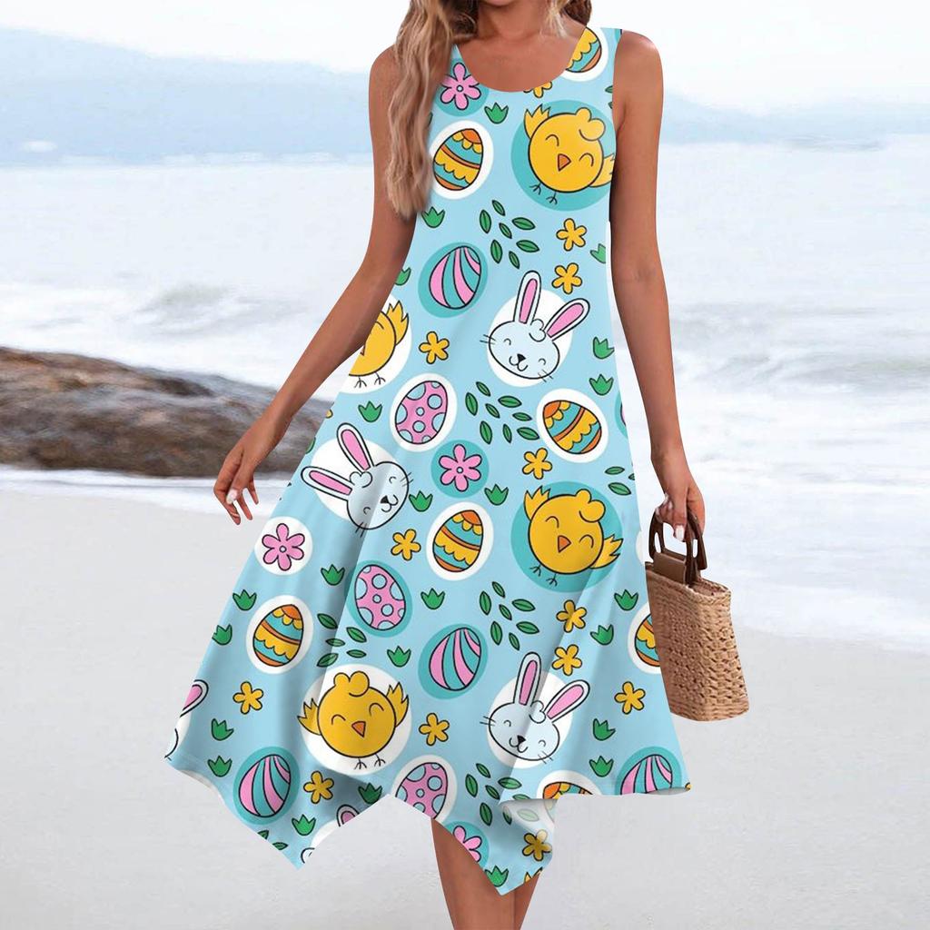 Women's Casual Fashion Round Neck Sleeveless Print Irregular Hem Midi Dress