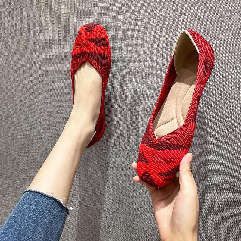 Square Head Single Shoes Women'S Shallow Mouth Flat Bottom European And American Style Shoes Knitted Shoes Soft Sole Knitted Shoes Women