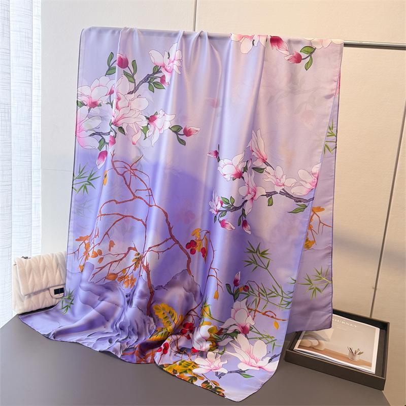 New Printing Simulation Silk Brocade Sunscreen Contrasting Color Flower Silk Scarf Long Scarf Shawl Versatile Headscarf Scarf