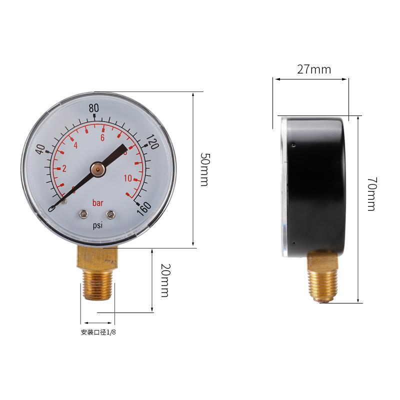 TS-Z53 Water Pressure Gauge Dual Scale Gas Pressure Gauge 0-160 PSI/0-11 Bar Test Range Oil Pressure Gauge