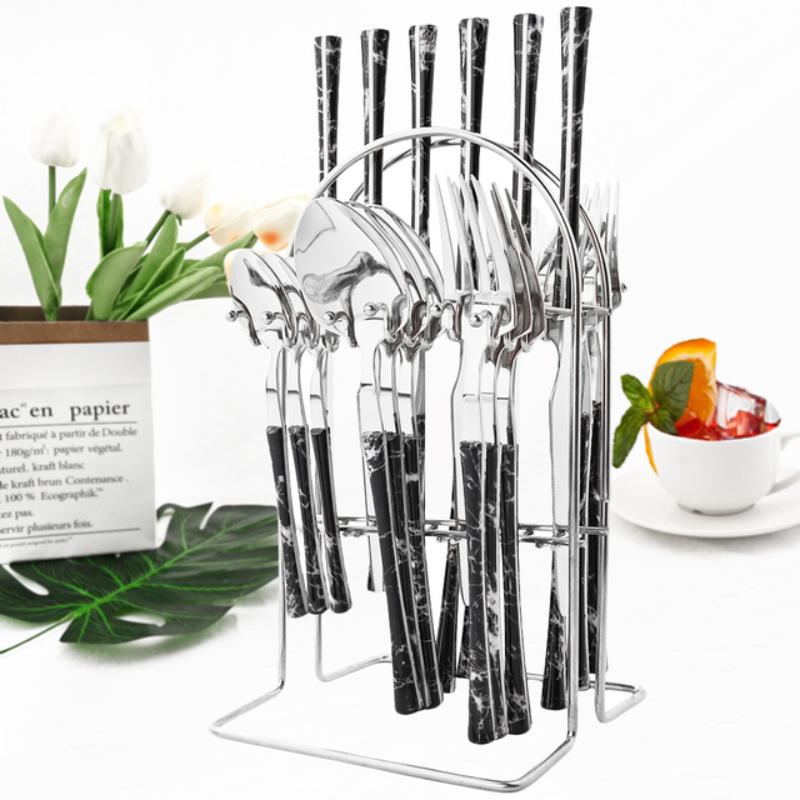 24 шт., набор посуды из нержавеющей стали с имитацией дерева, мраморной ручкой, западный нож, вилка, ложка, столовая посуда с 1 шт., набор держателей