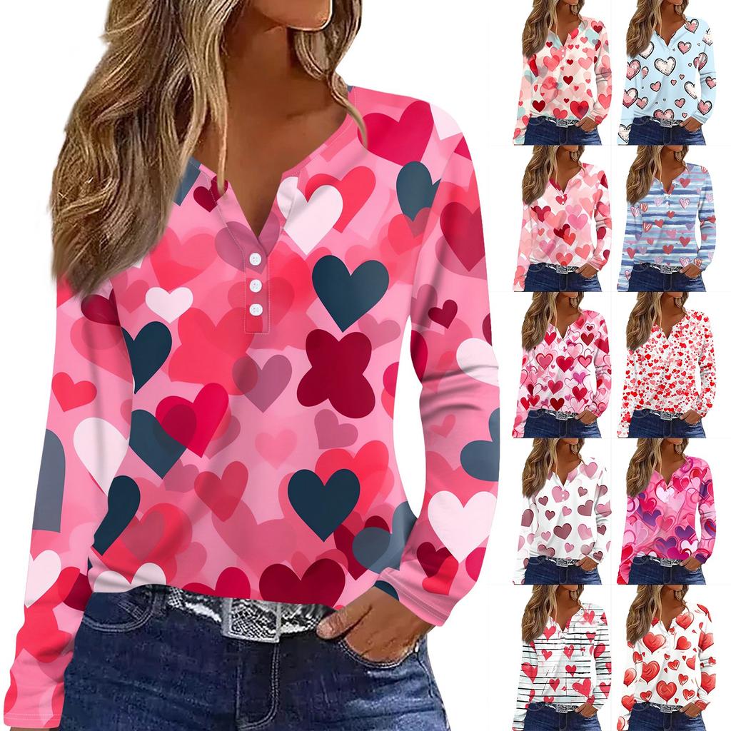 Женская футболка с принтом ко Дню святого Валентина, туника с длинным рукавом и пуговицами, повседневная мода на выходные, базовый топ с V-образным вырезом