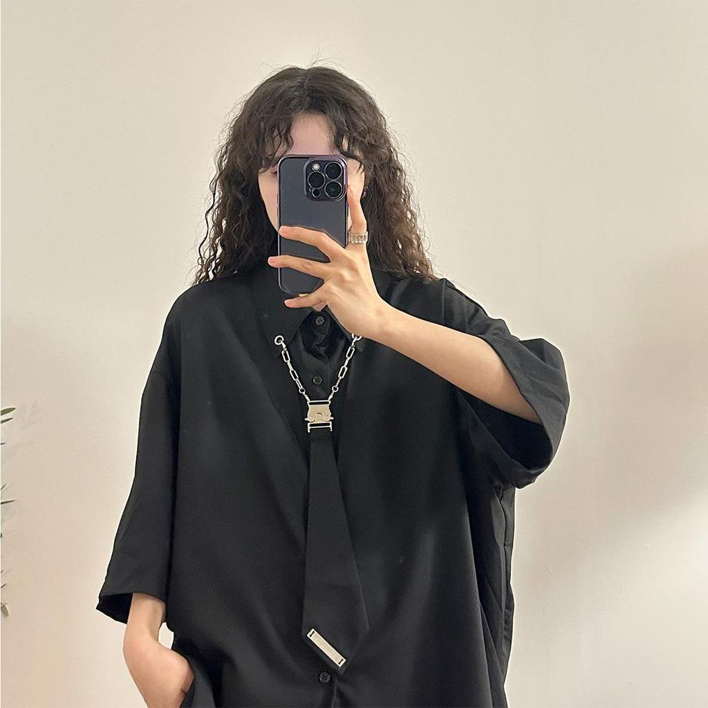 Женская рубашка с короткими рукавами в уличном стиле, мешковатый кардиган в стиле ретро, ​​черная винтажная одежда в стиле Харадзюку, большие размеры