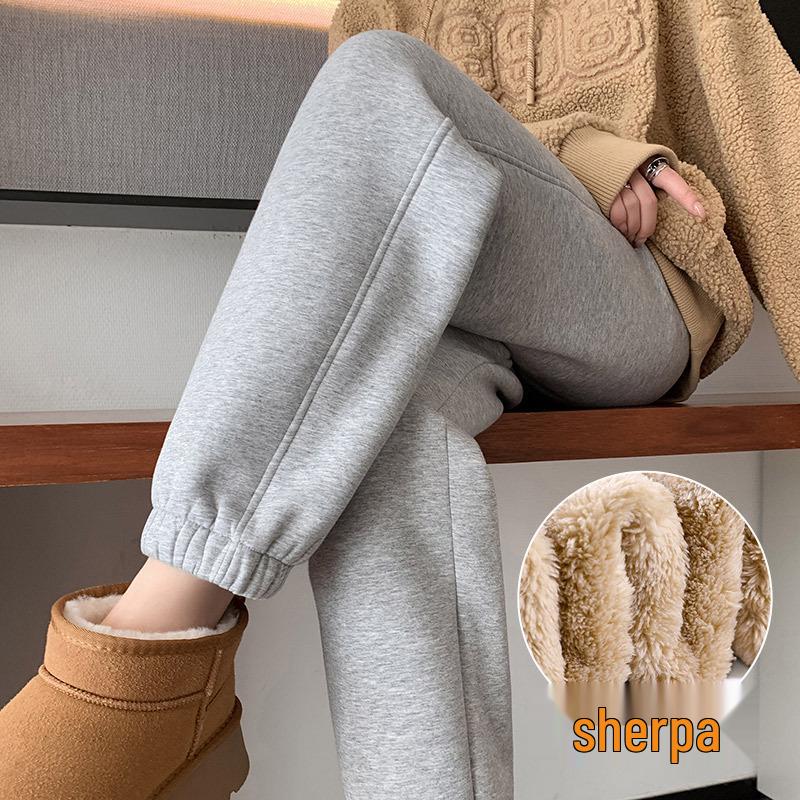 Женские флисовые спортивные штаны с высокой посадкой и манжетами - Толстые серые джоггеры для осени/зимы 2024