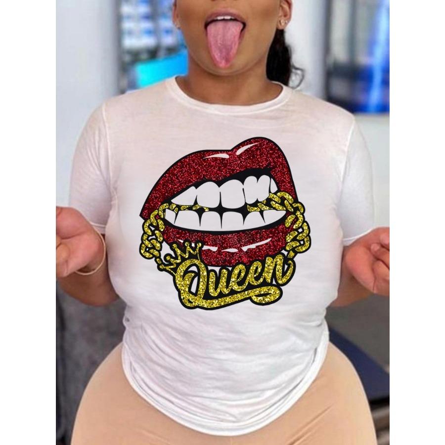 Красочные губы девушка напечатаны простые модные свободные круглый вырез чистый хлопок футболки женские
