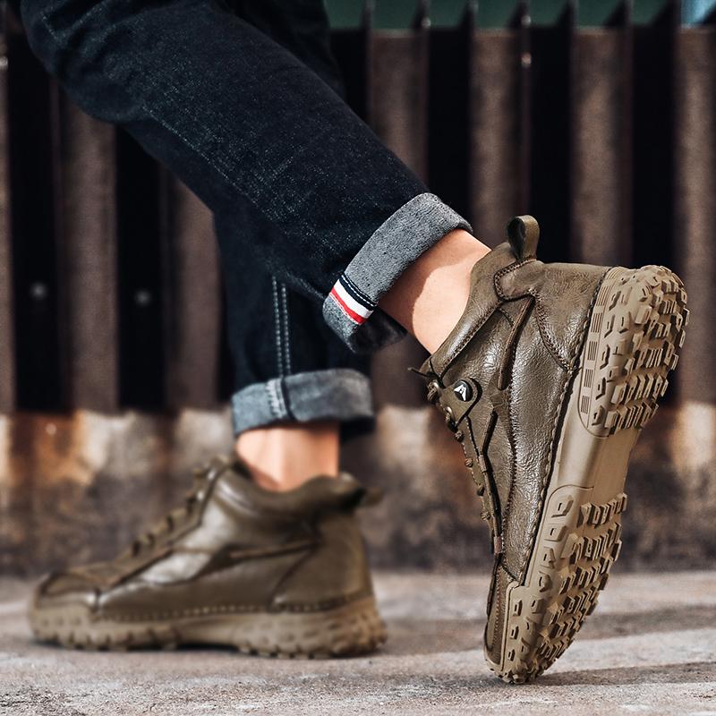38-46 Модные зимние ботинки для мужчин, плюшевые кожаные ботинки с ручным швом, высокие походные ботинки, нескользящие, теплые, мужские ботинки, большие