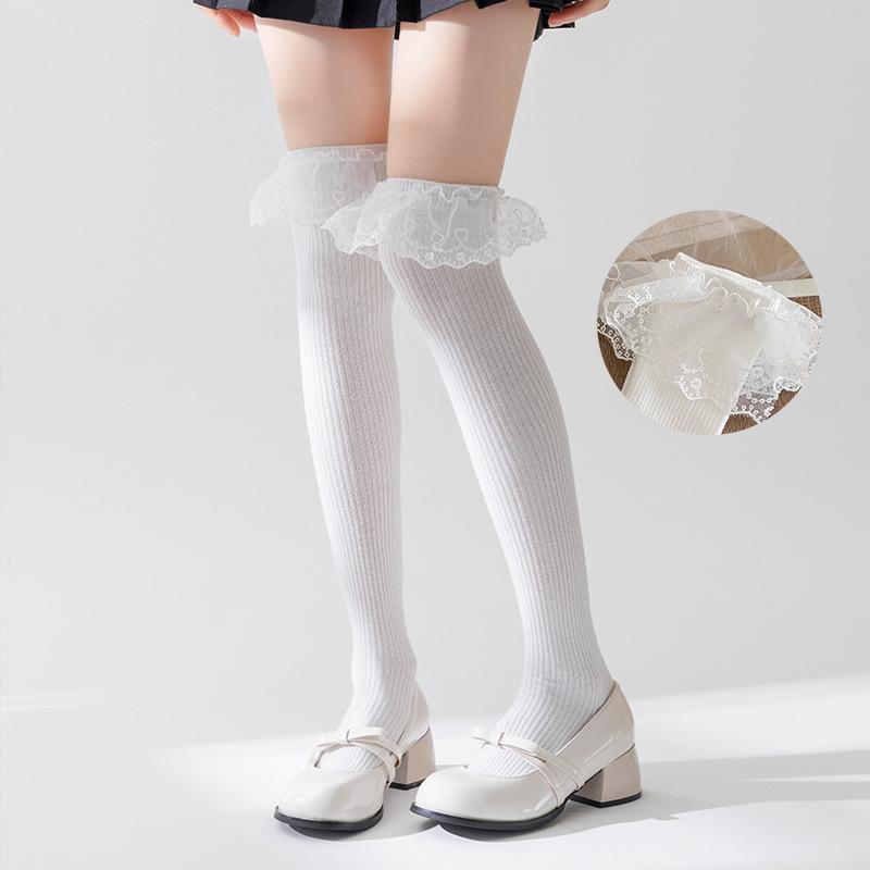 Однотонные высокие кружевные милые чулки в стиле Лолиты, толстые теплые черные белые длинные носки для женщин