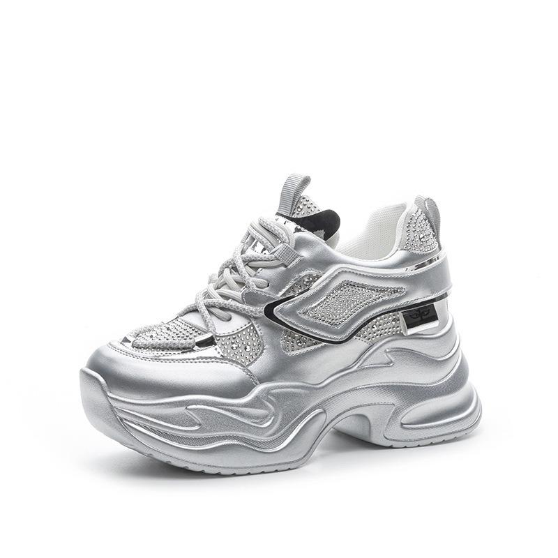 Весенне-летняя женская обувь новая с внутренним увеличением высоты женская на толстой подошве толстоподошвенная маленькая повседневная сетчатая обувь со стразами