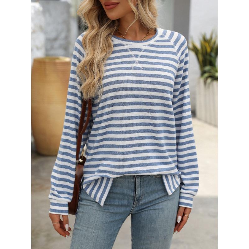 Autumn and Winter Women's Striped Color Collision Round Neck Long Sleeve Loose Top