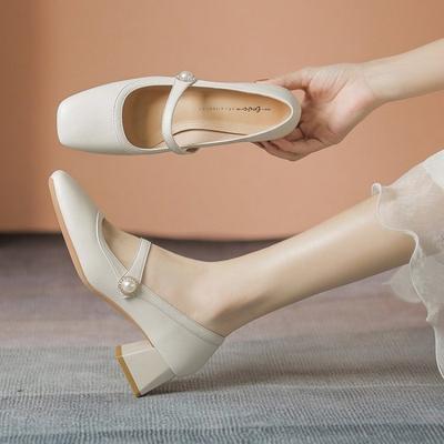 Женские туфли-лодочки 2025 весна и лето новые на среднем каблуке французские туфли Мэри Джейн квадратный носок универсальные поздний вечерний бриз нежные туфли красивые