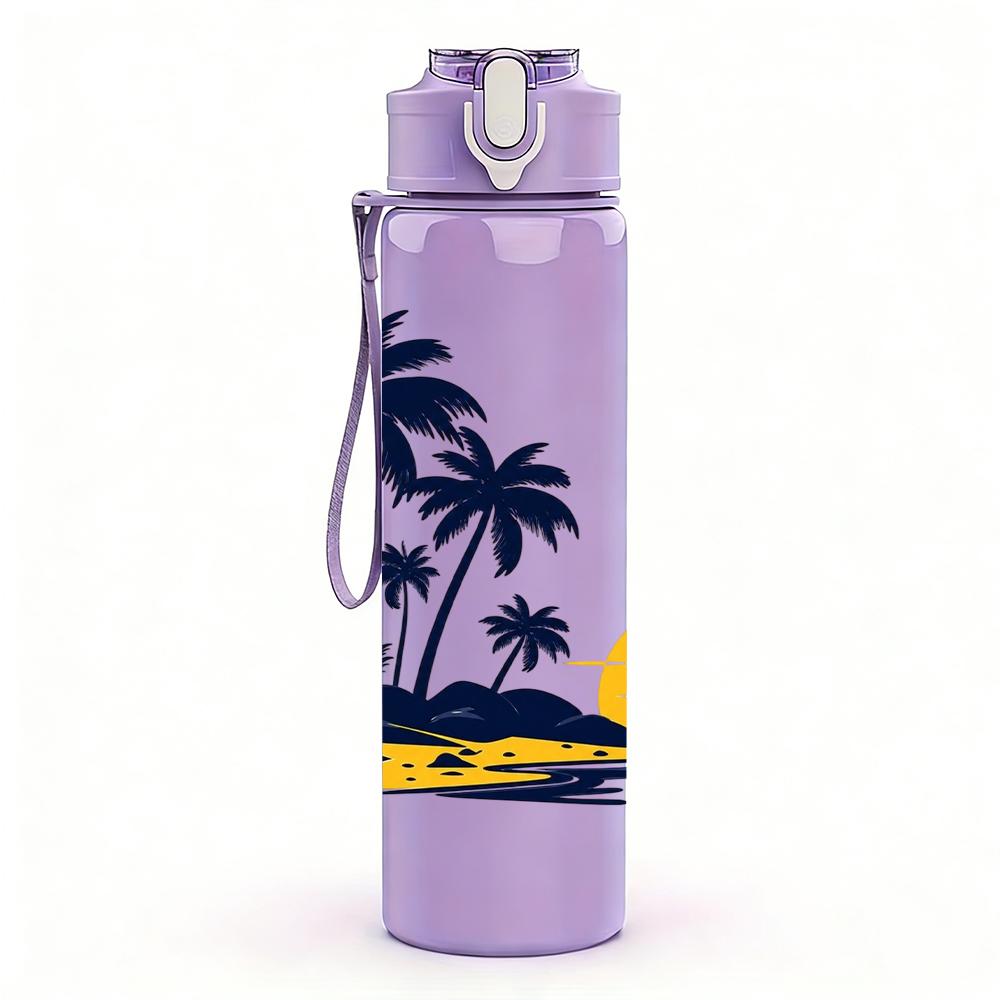 1PC Palm Tree Sunset Beach Scene 750ml Color Plastic Sports Water Bottle Leakproof Flip Straw Lid Suitable for Sports Office Home Use