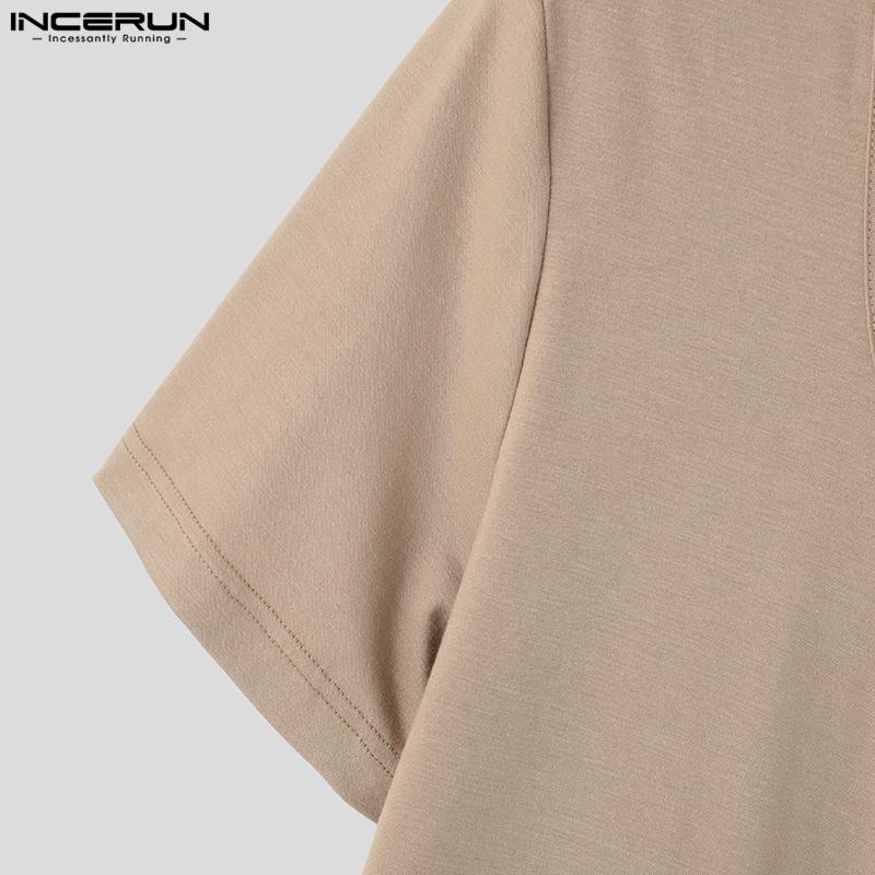 INCERUN Летние мужские футболки с коротким рукавом и U-образным вырезом на молнии, повседневные облегающие футболки, короткие топы