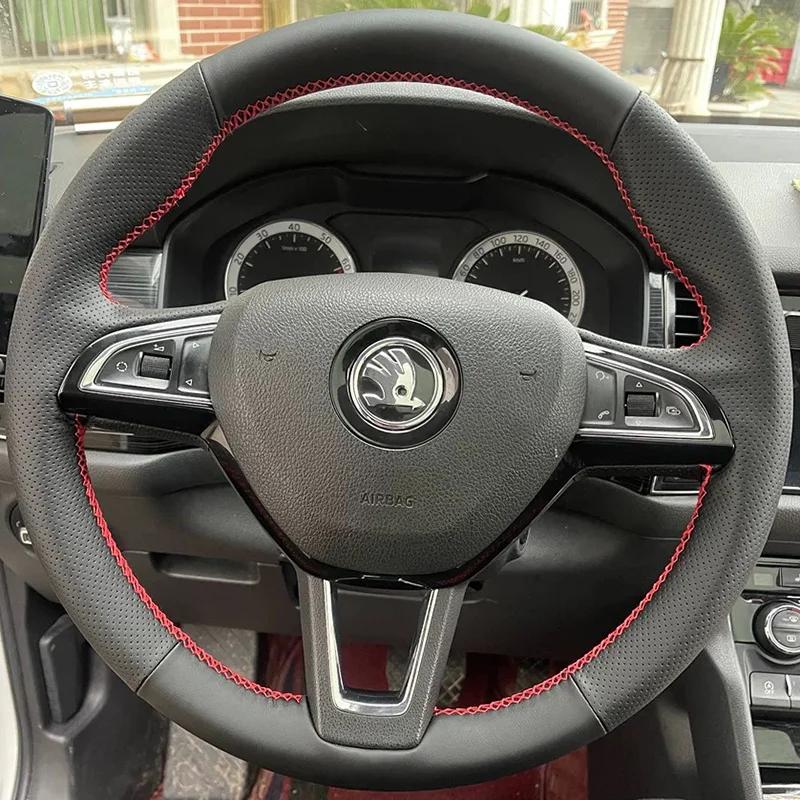 bngdr8 Peach Wood Leather for Skoda 2016-2018 Superb Hand Sewing Car Steering Wheel Cover Interior Protection Shell Car Accessories